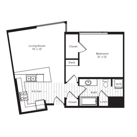 Floor plan for 1 bed, 1 bath, 685 sqft